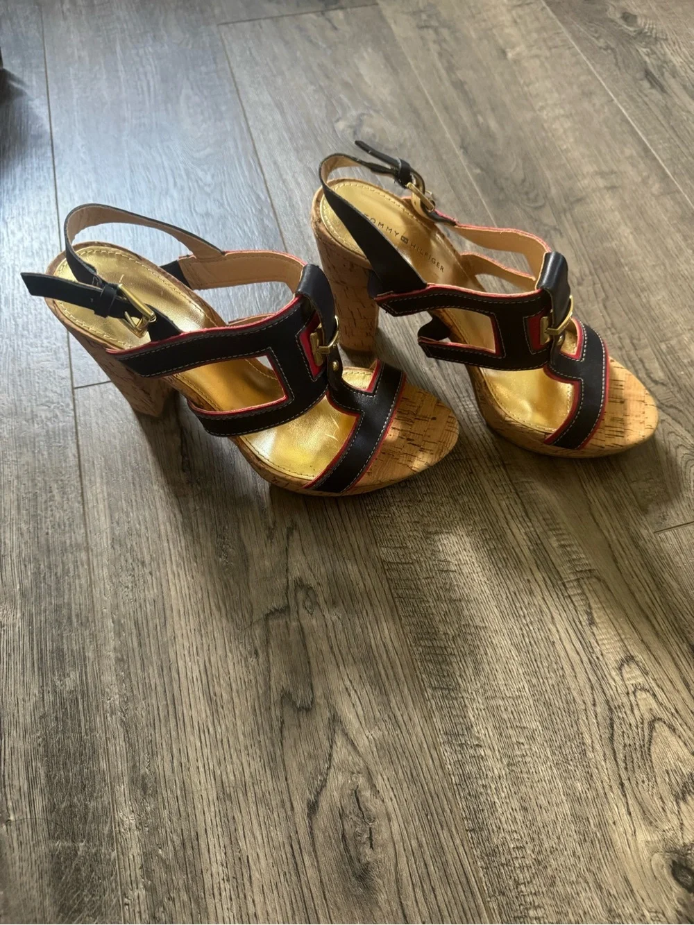 Tommy Hilfiger Black and Red Cork Wedge Sandals with Gold Hardware